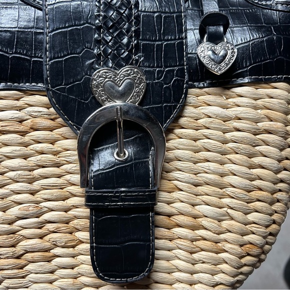 Tan & Black Straw Woven Buckle Handbag Tote Basket Black Reptile Faux Leather - Picture 3 of 9